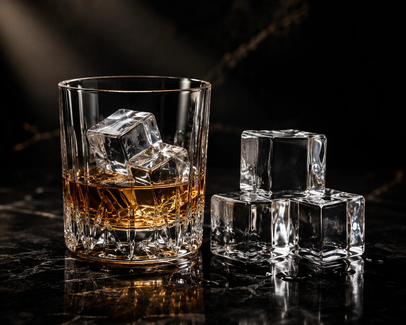 Vaso de whisky servido con hielo cúbico premium cristalino KORICE